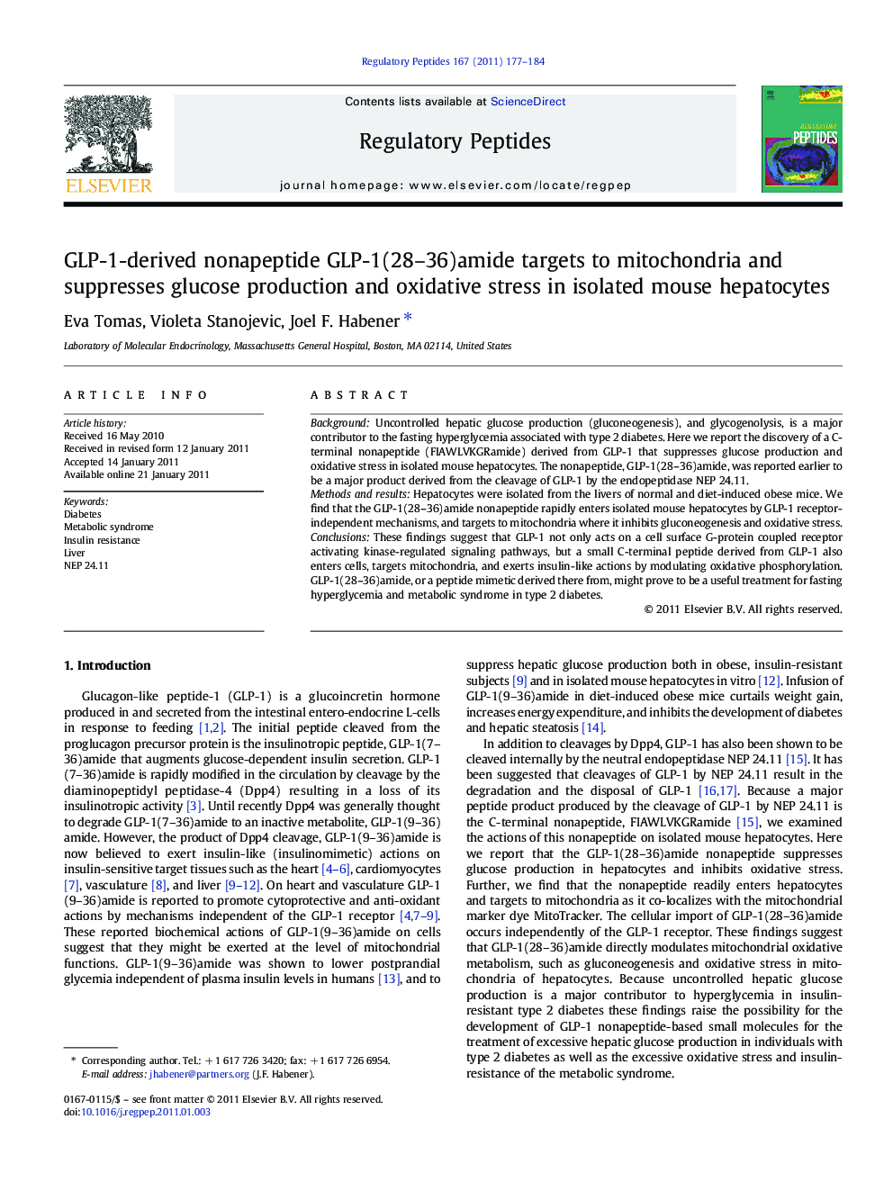 GLP-1-derived nonapeptide GLP-1(28-36)amide targets to mitochondria and suppresses glucose production and oxidative stress in isolated mouse hepatocytes