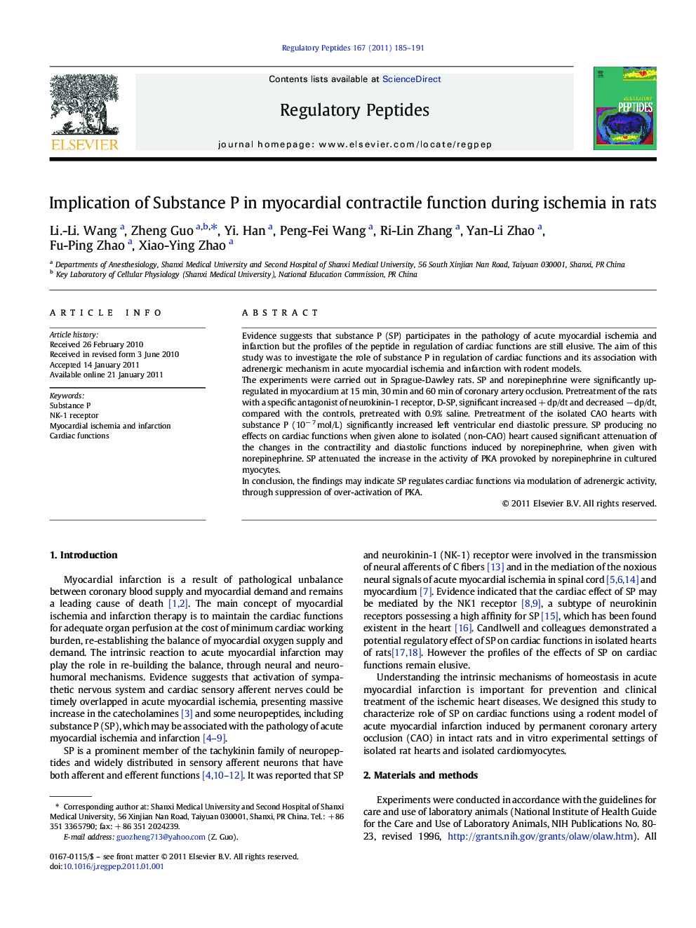 Implication of Substance P in myocardial contractile function during ischemia in rats