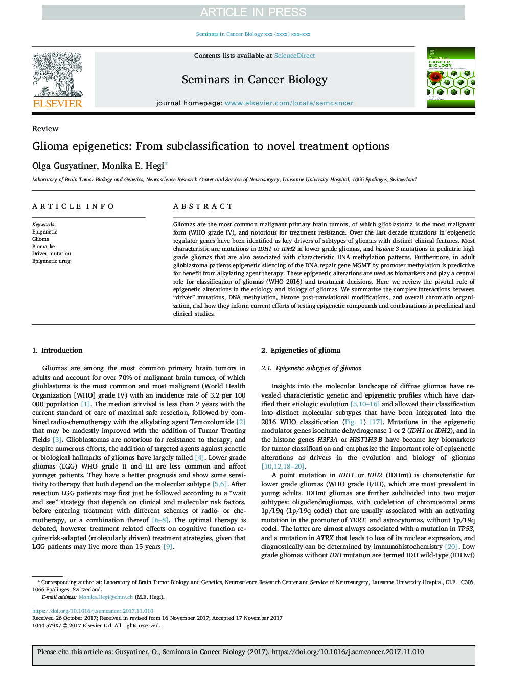 Glioma epigenetics: From subclassification to novel treatment options