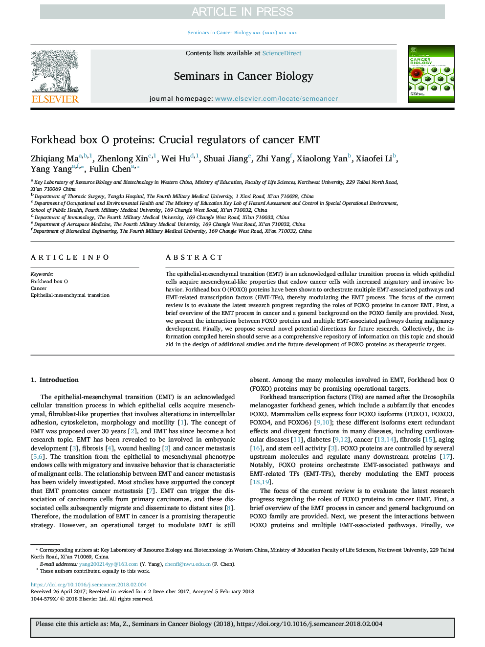 Forkhead box O proteins: Crucial regulators of cancer EMT