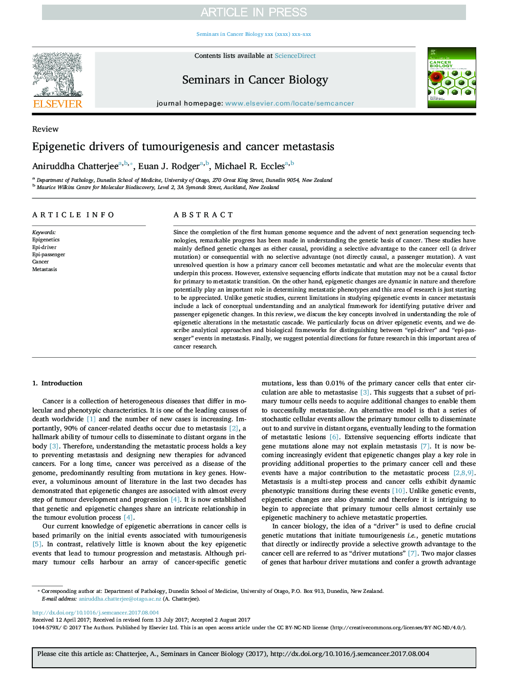 Epigenetic drivers of tumourigenesis and cancer metastasis