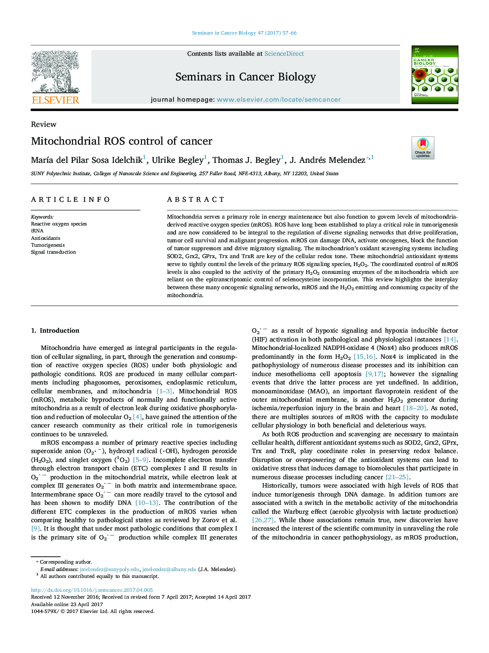 Mitochondrial ROS control of cancer