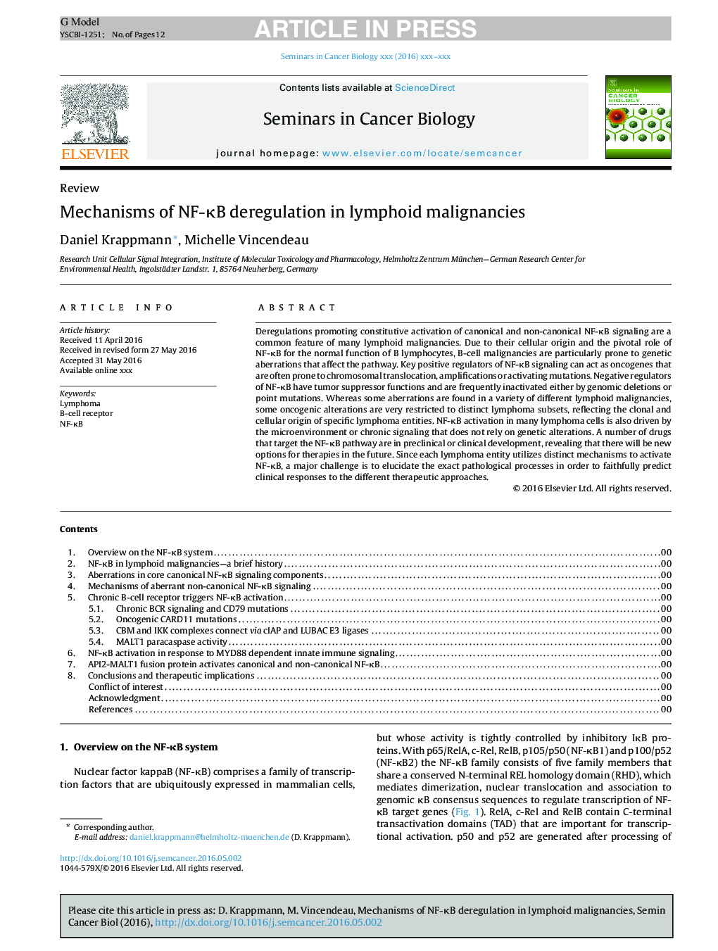 Mechanisms of NF-ÎºB deregulation in lymphoid malignancies