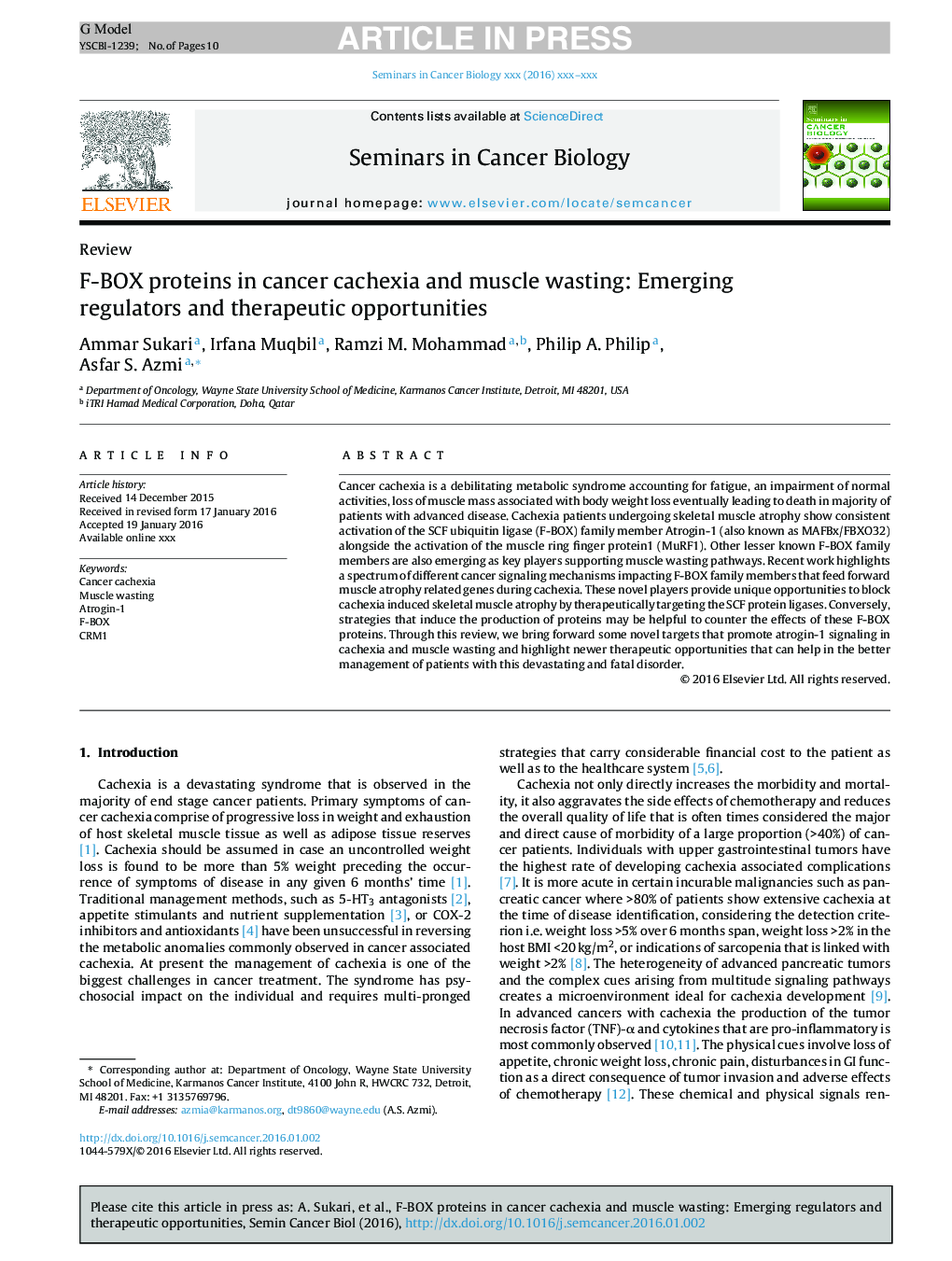 F-BOX proteins in cancer cachexia and muscle wasting: Emerging regulators and therapeutic opportunities