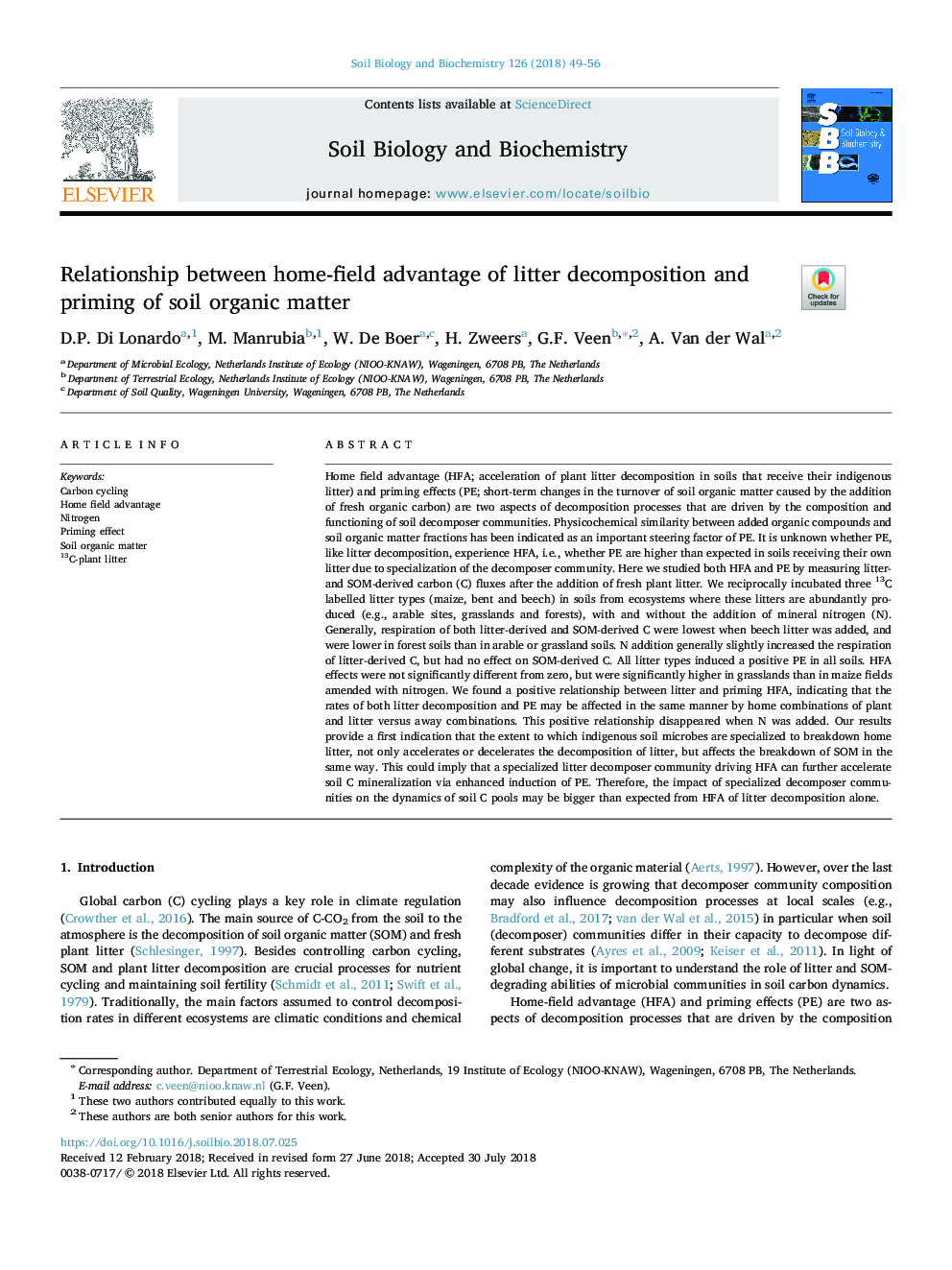 Relationship between home-field advantage of litter decomposition and priming of soil organic matter