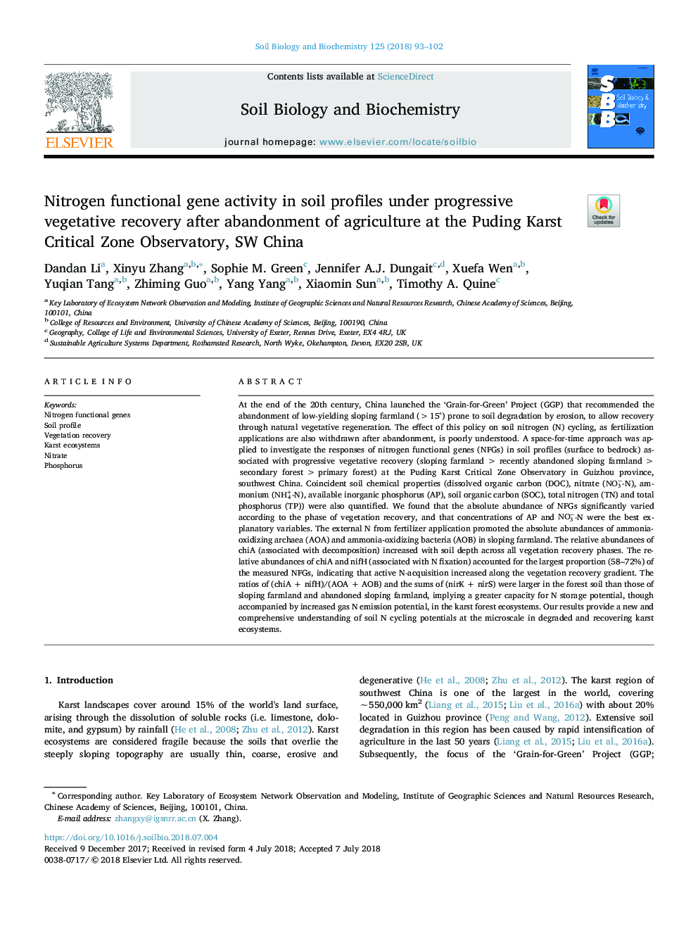 Nitrogen functional gene activity in soil profiles under progressive vegetative recovery after abandonment of agriculture at the Puding Karst Critical Zone Observatory, SW China