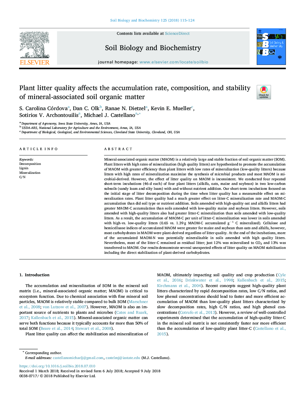 Plant litter quality affects the accumulation rate, composition, and stability of mineral-associated soil organic matter