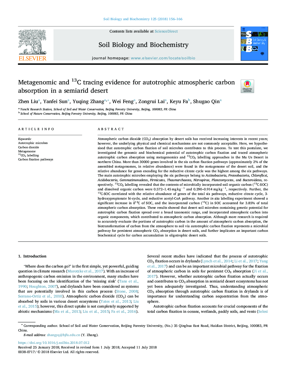 Metagenomic and 13C tracing evidence for autotrophic atmospheric carbon absorption in a semiarid desert