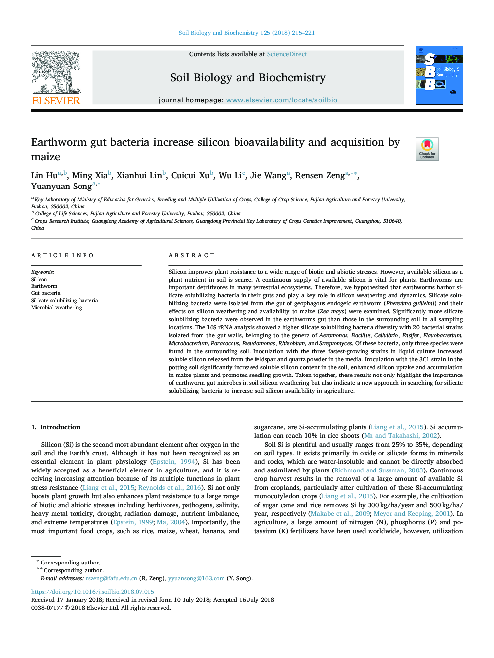 Earthworm gut bacteria increase silicon bioavailability and acquisition by maize