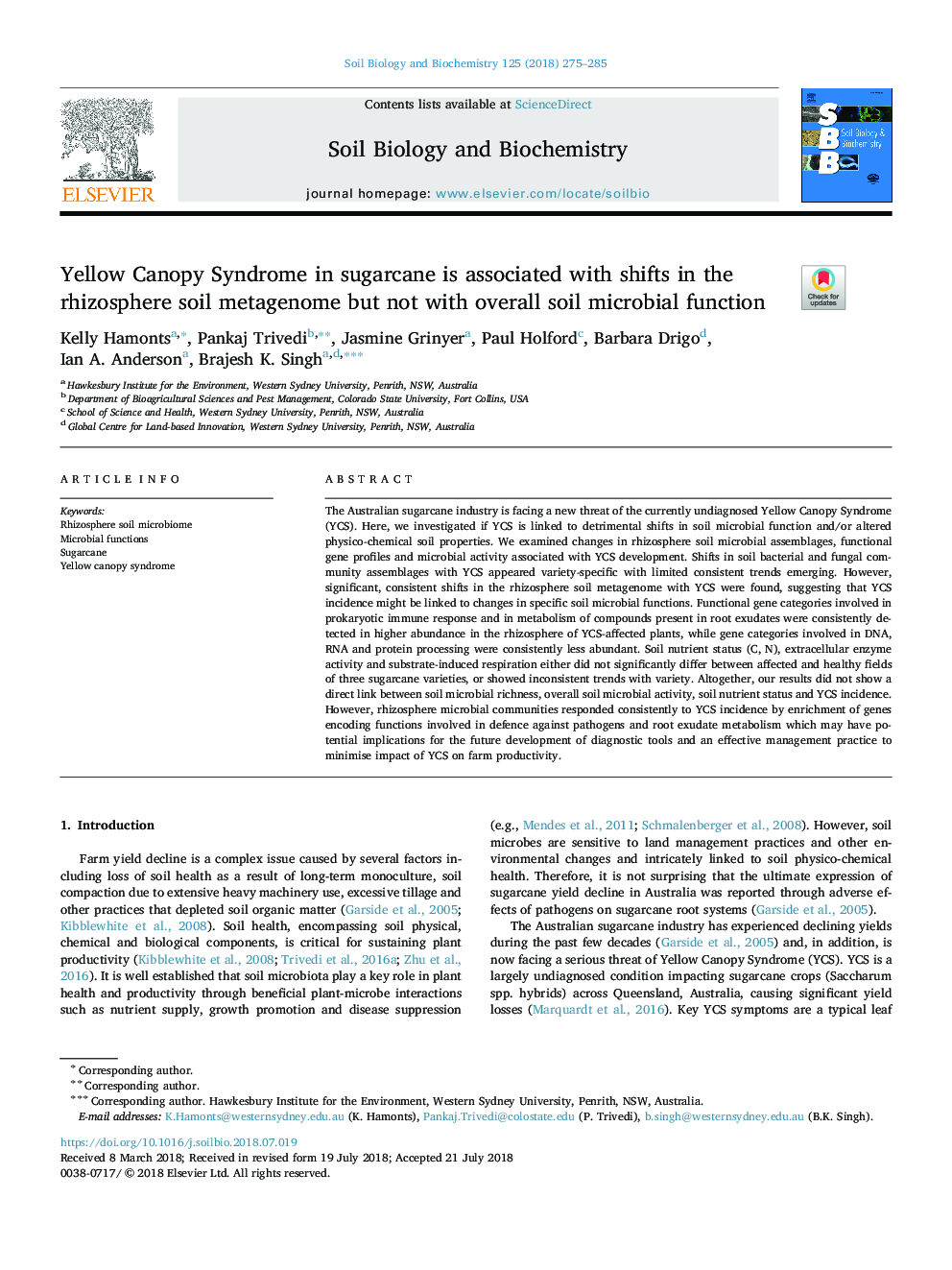 Yellow Canopy Syndrome in sugarcane is associated with shifts in the rhizosphere soil metagenome but not with overall soil microbial function