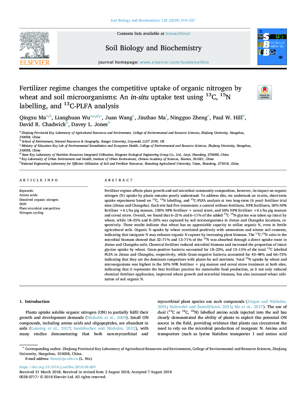 Fertilizer regime changes the competitive uptake of organic nitrogen by wheat and soil microorganisms: An in-situ uptake test using 13C, 15N labelling, and 13C-PLFA analysis