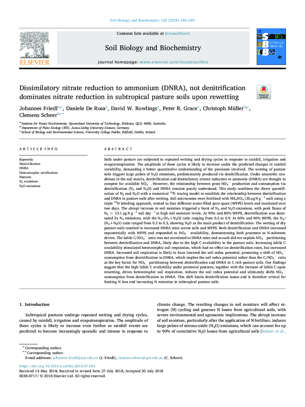 Dissimilatory nitrate reduction to ammonium (DNRA), not denitrification dominates nitrate reduction in subtropical pasture soils upon rewetting