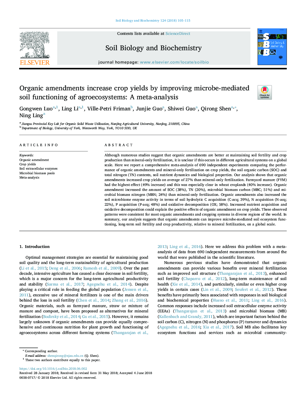 Organic amendments increase crop yields by improving microbe-mediated soil functioning of agroecosystems: A meta-analysis