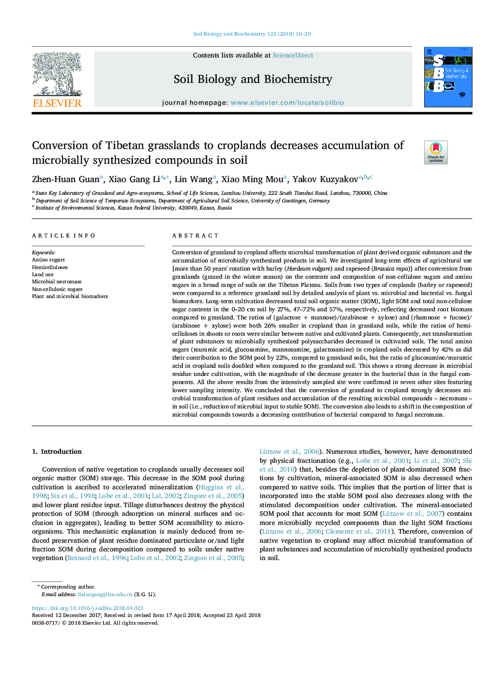 Conversion of Tibetan grasslands to croplands decreases accumulation of microbially synthesized compounds in soil