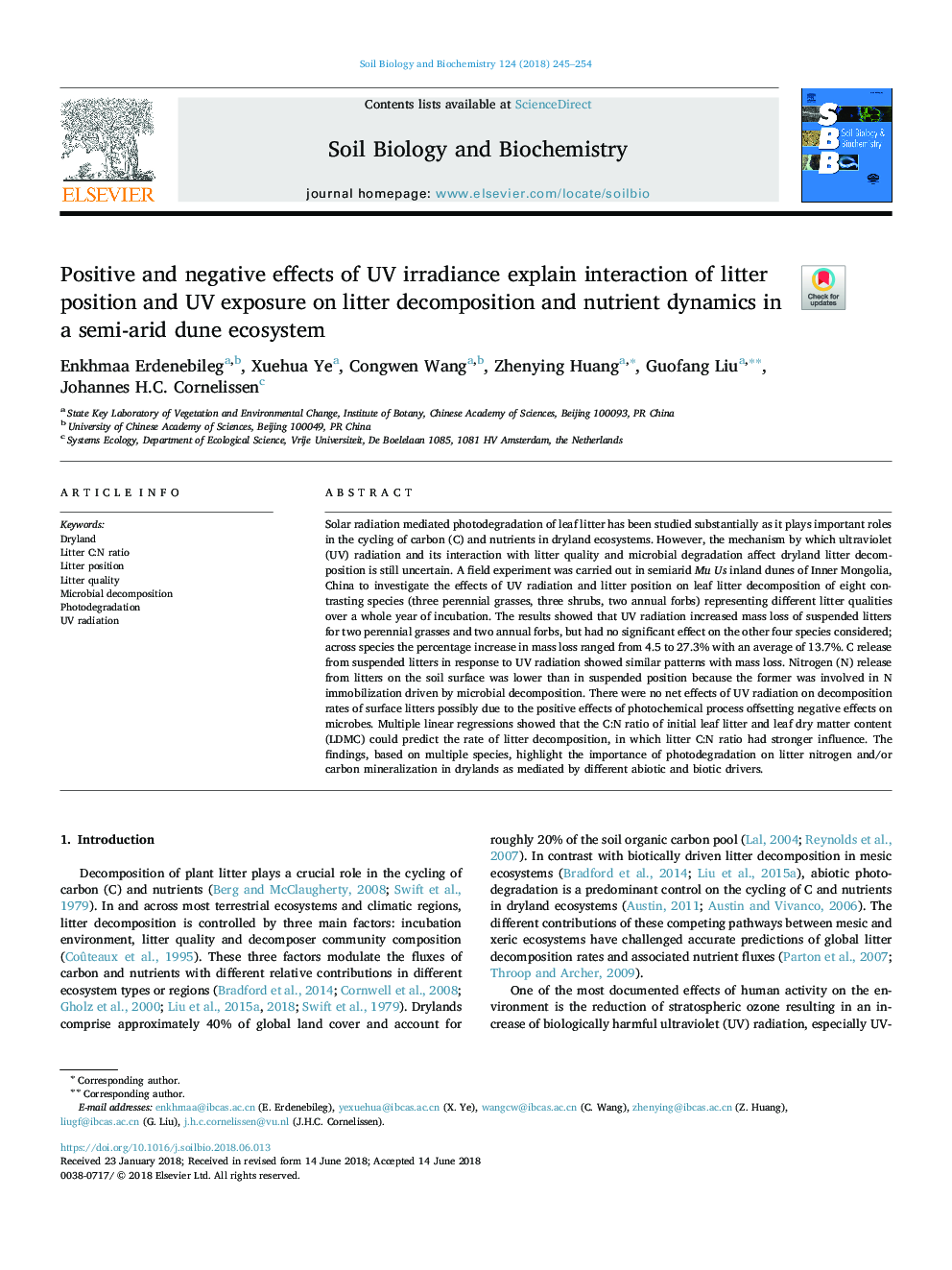 Positive and negative effects of UV irradiance explain interaction of litter position and UV exposure on litter decomposition and nutrient dynamics in a semi-arid dune ecosystem