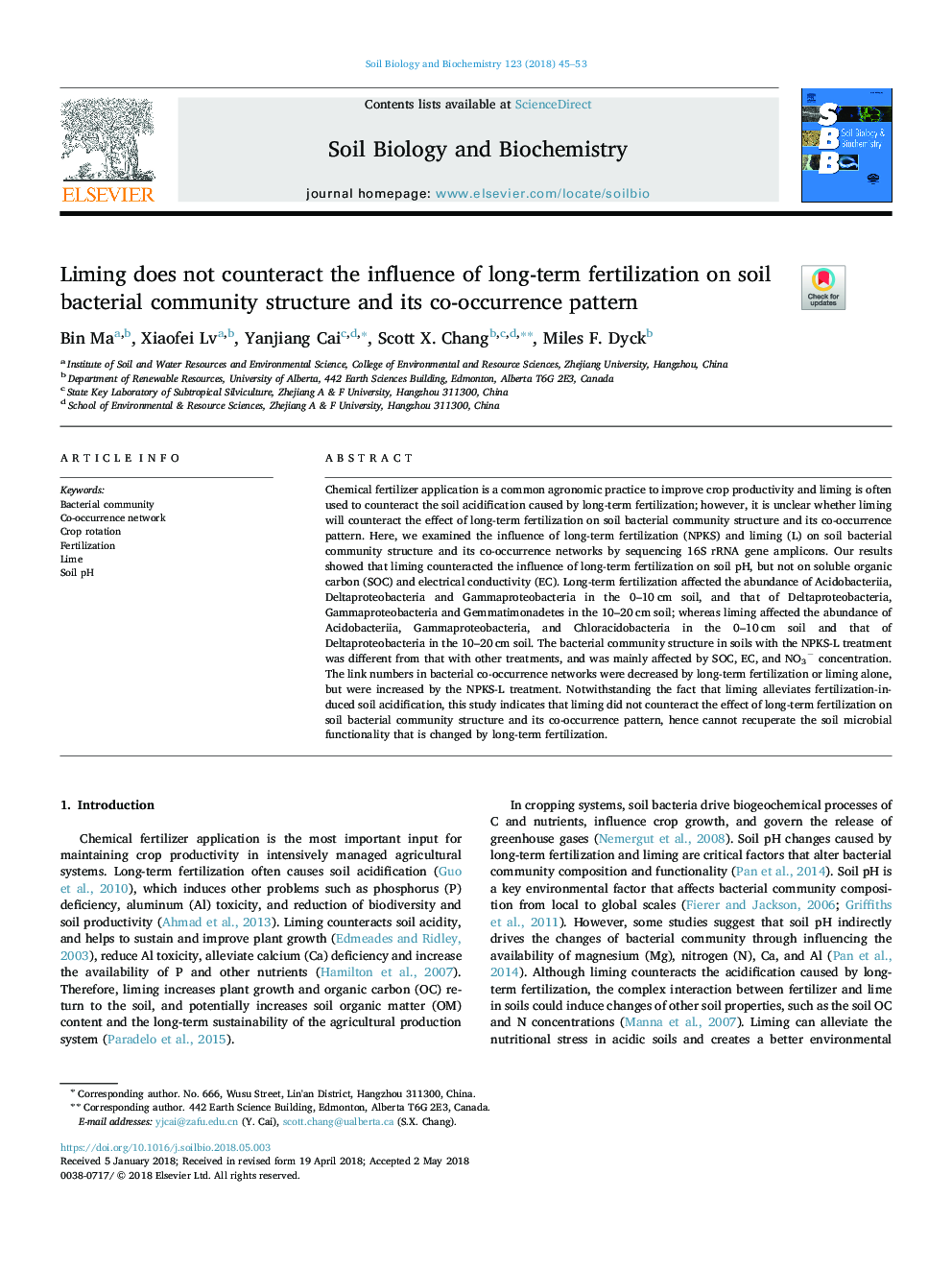 Liming does not counteract the influence of long-term fertilization on soil bacterial community structure and its co-occurrence pattern