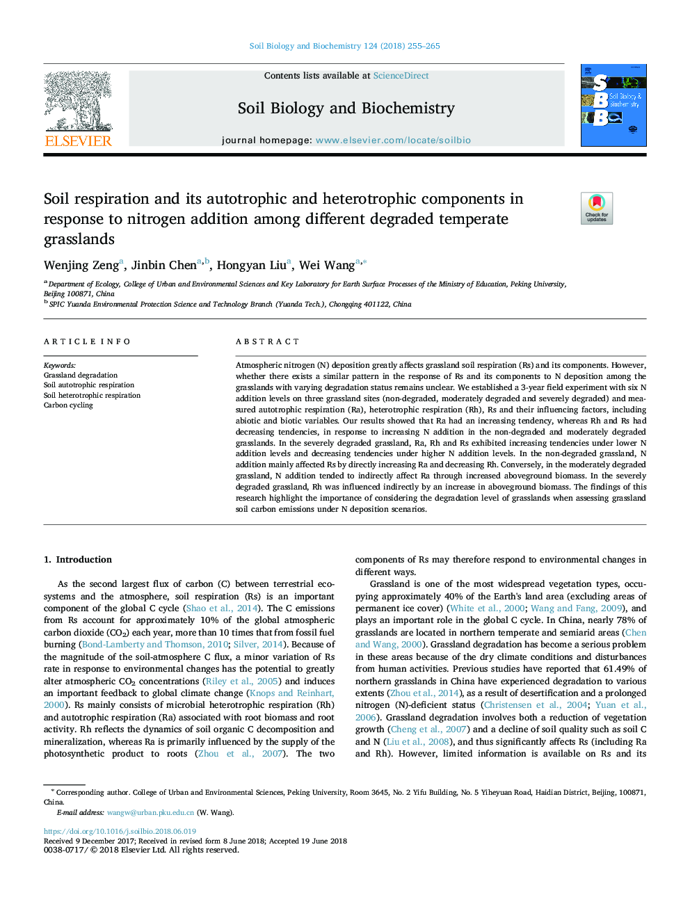 Soil respiration and its autotrophic and heterotrophic components in response to nitrogen addition among different degraded temperate grasslands