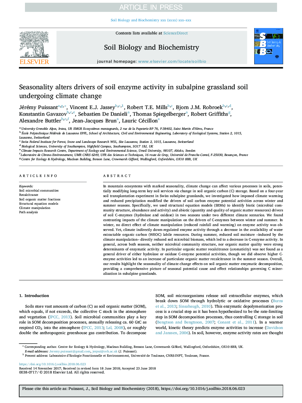 Seasonality alters drivers of soil enzyme activity in subalpine grassland soil undergoing climate change