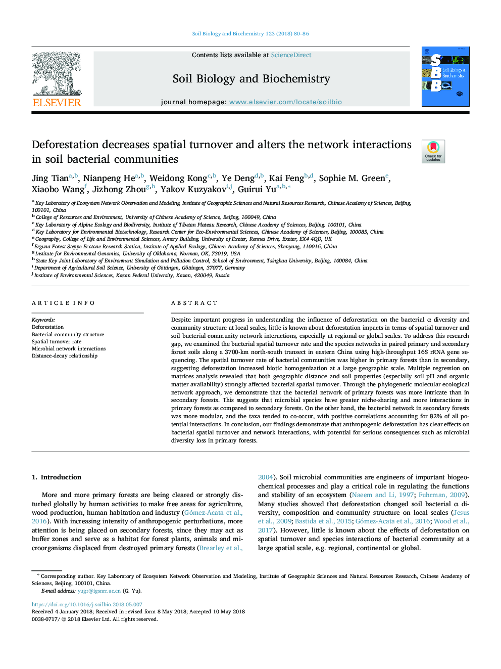 Deforestation decreases spatial turnover and alters the network interactions in soil bacterial communities