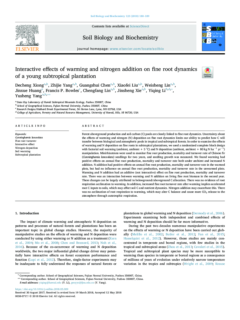 Interactive effects of warming and nitrogen addition on fine root dynamics of a young subtropical plantation