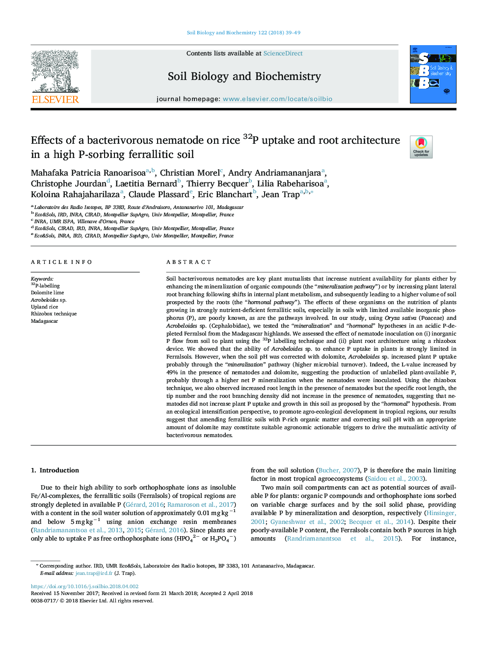 Effects of a bacterivorous nematode on rice 32P uptake and root architecture in a high P-sorbing ferrallitic soil