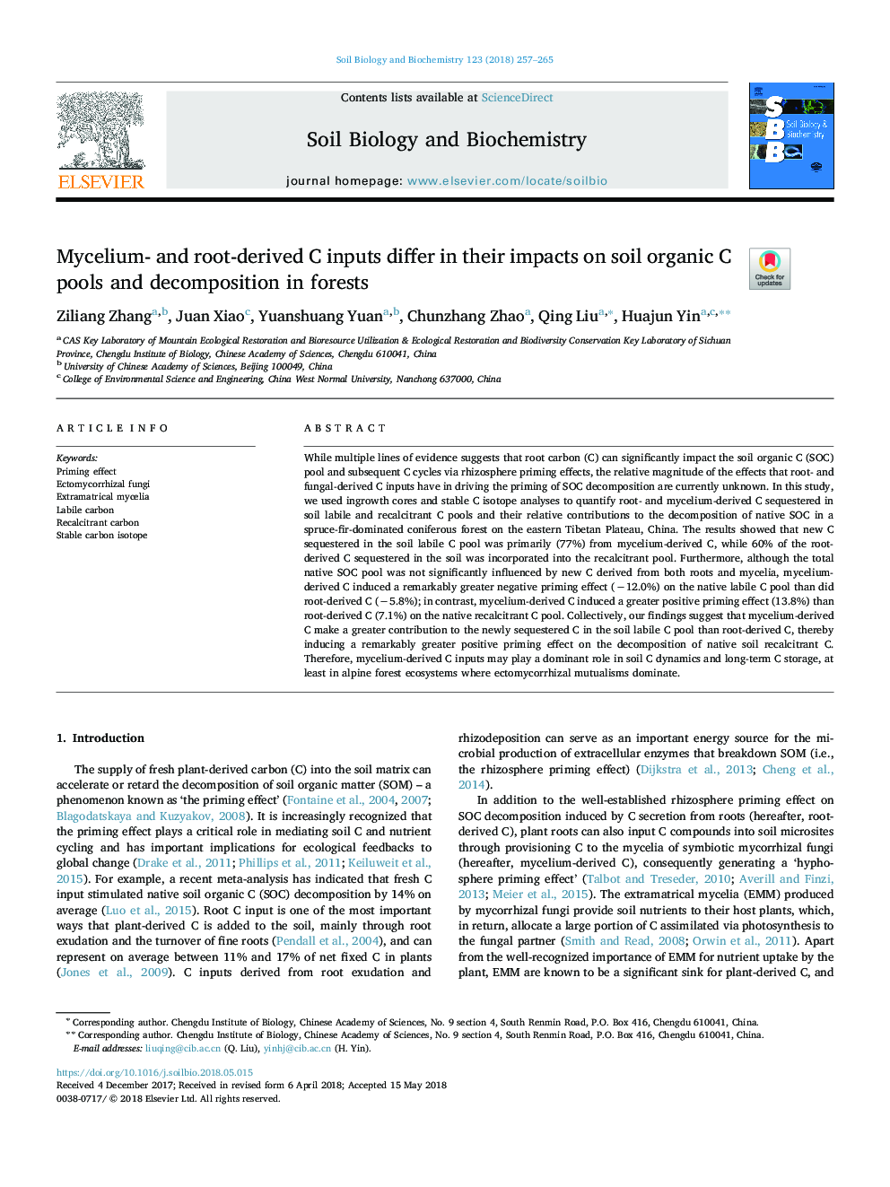 Mycelium- and root-derived C inputs differ in their impacts on soil organic C pools and decomposition in forests