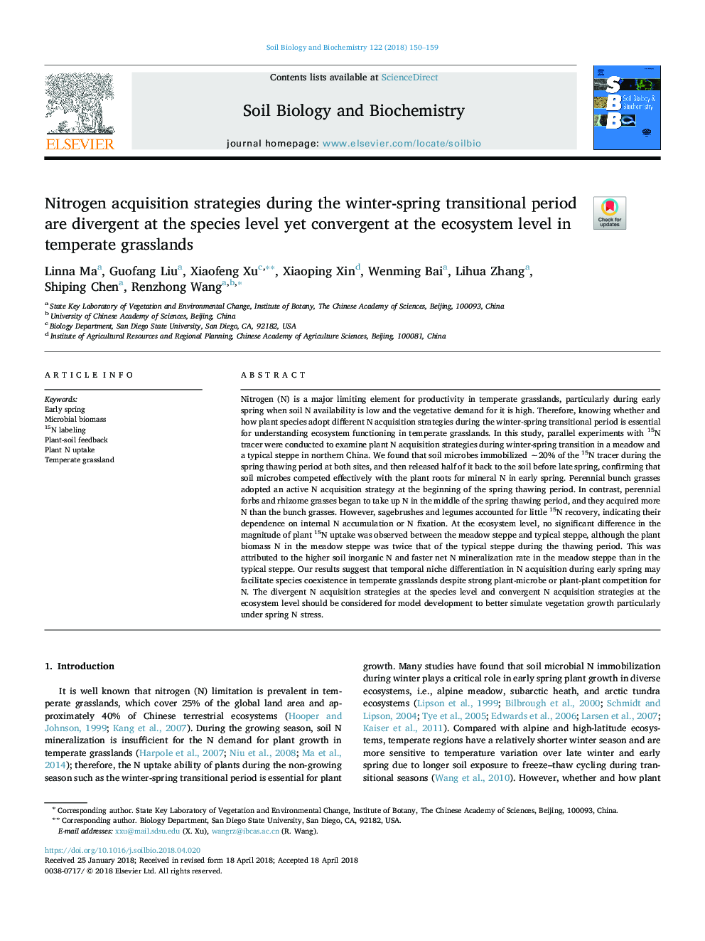 Nitrogen acquisition strategies during the winter-spring transitional period are divergent at the species level yet convergent at the ecosystem level in temperate grasslands