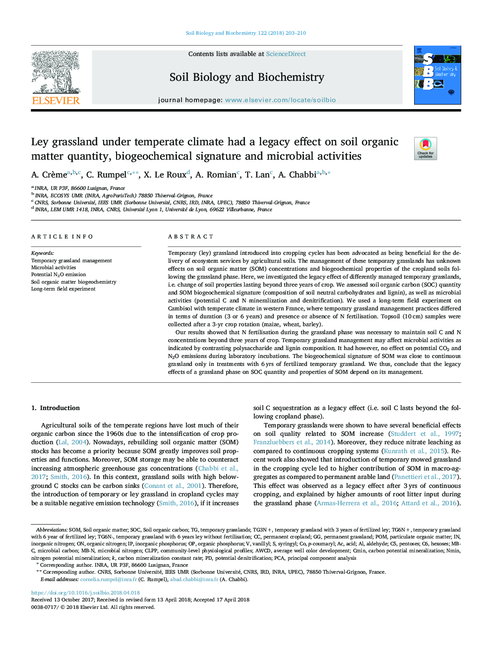 Ley grassland under temperate climate had a legacy effect on soil organic matter quantity, biogeochemical signature and microbial activities