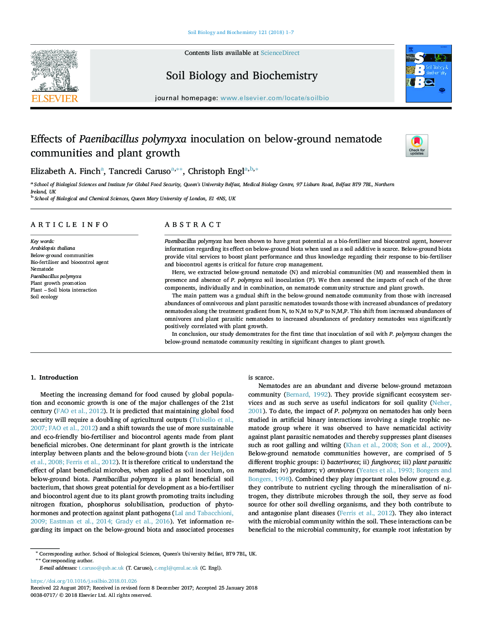 Effects of Paenibacillus polymyxa inoculation on below-ground nematode communities and plant growth