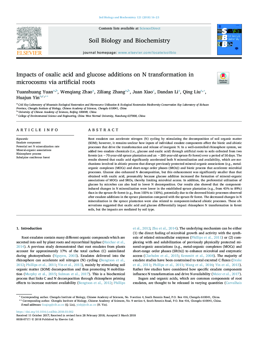 Impacts of oxalic acid and glucose additions on N transformation in microcosms via artificial roots