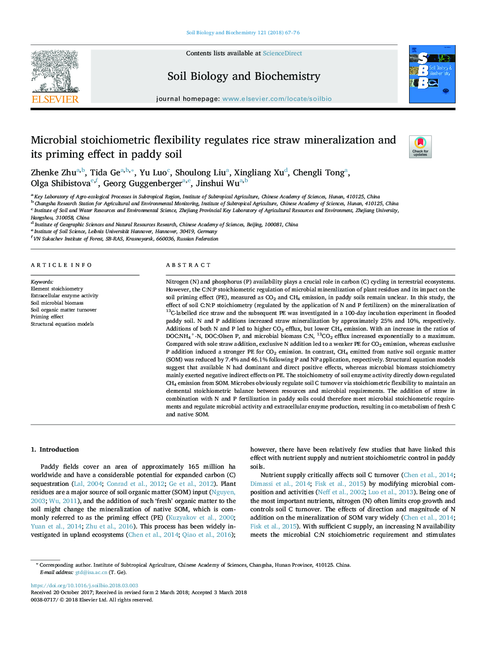 Microbial stoichiometric flexibility regulates rice straw mineralization and its priming effect in paddy soil