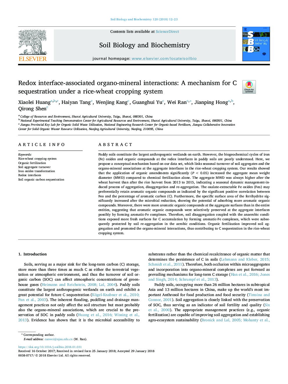 Redox interface-associated organo-mineral interactions: A mechanism for C sequestration under a rice-wheat cropping system