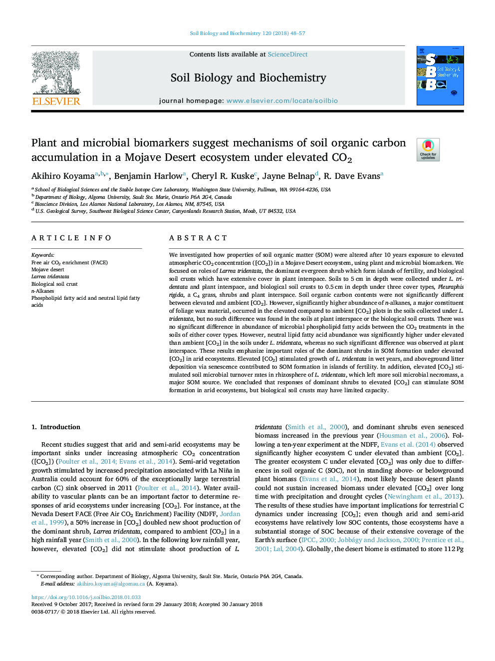 Plant and microbial biomarkers suggest mechanisms of soil organic carbon accumulation in a Mojave Desert ecosystem under elevated CO2