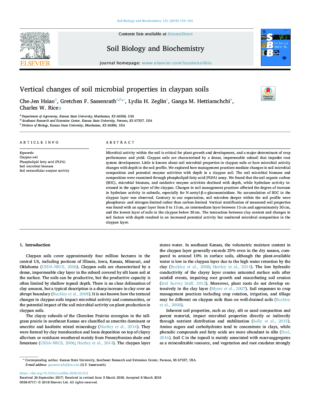 Vertical changes of soil microbial properties in claypan soils