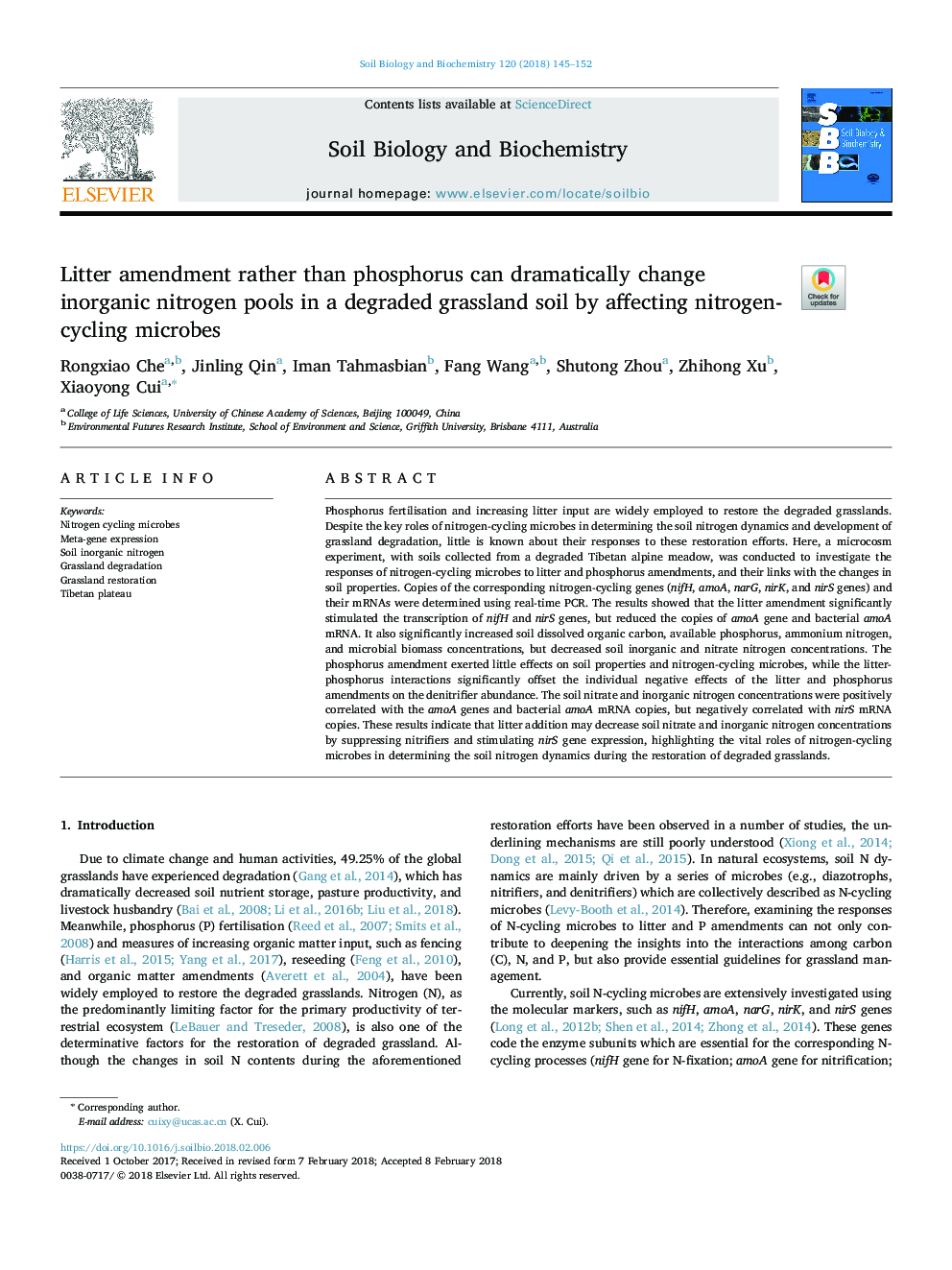 Litter amendment rather than phosphorus can dramatically change inorganic nitrogen pools in a degraded grassland soil by affecting nitrogen-cycling microbes