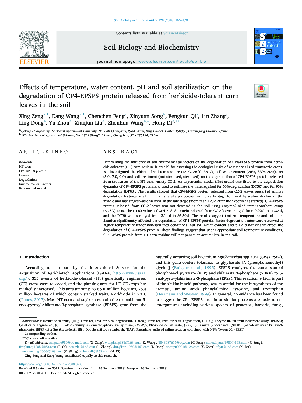 Effects of temperature, water content, pH and soil sterilization on the degradation of CP4-EPSPS protein released from herbicide-tolerant corn leaves in the soil