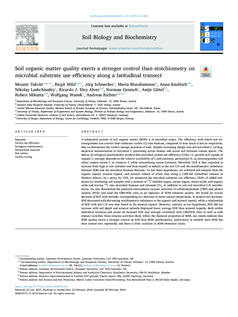 Soil organic matter quality exerts a stronger control than stoichiometry on microbial substrate use efficiency along a latitudinal transect