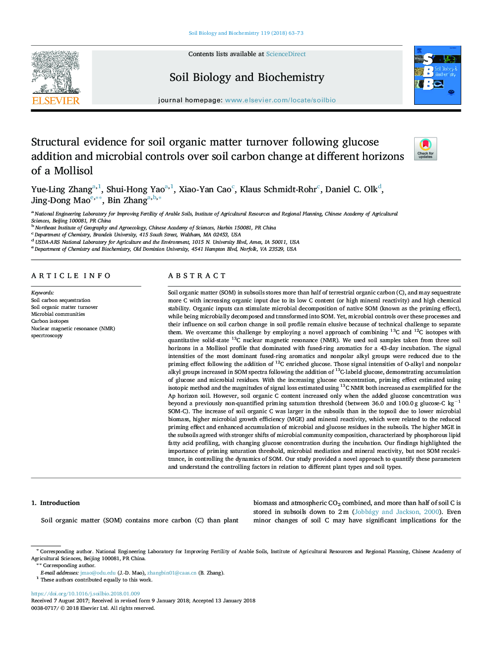 Structural evidence for soil organic matter turnover following glucose addition and microbial controls over soil carbon change at different horizons of a Mollisol