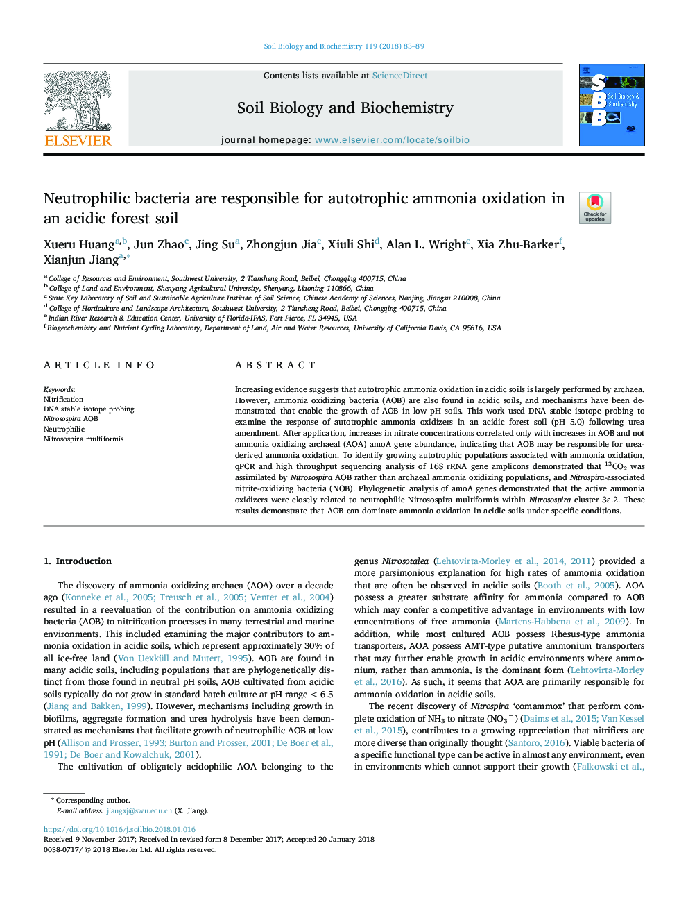 Neutrophilic bacteria are responsible for autotrophic ammonia oxidation in an acidic forest soil