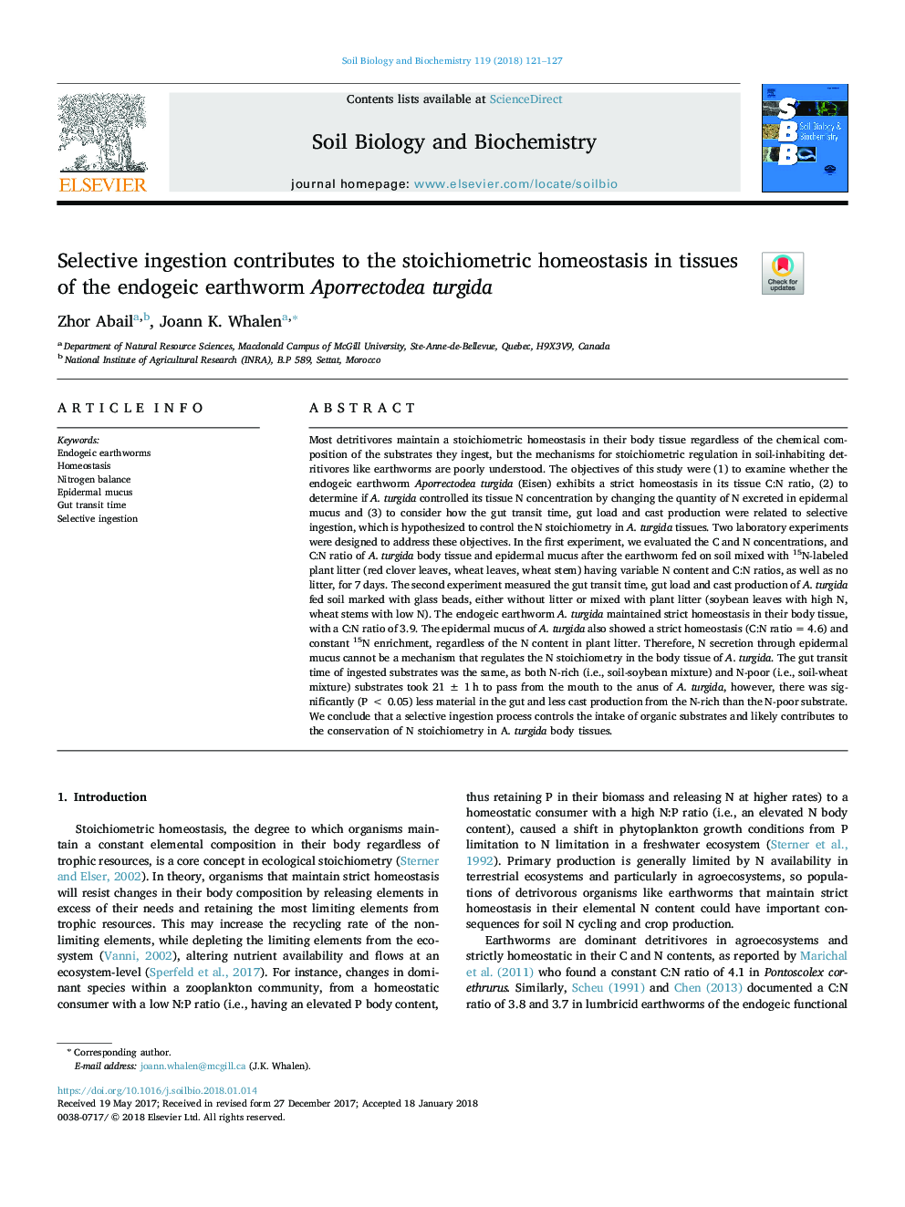 Selective ingestion contributes to the stoichiometric homeostasis in tissues of the endogeic earthworm Aporrectodea turgida