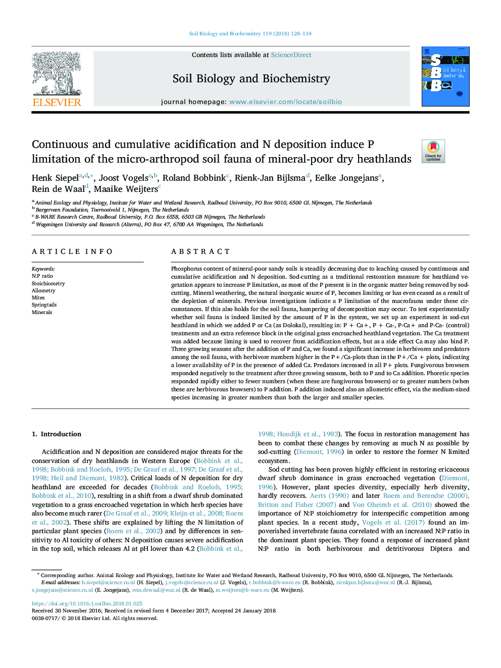 Continuous and cumulative acidification and N deposition induce P limitation of the micro-arthropod soil fauna of mineral-poor dry heathlands