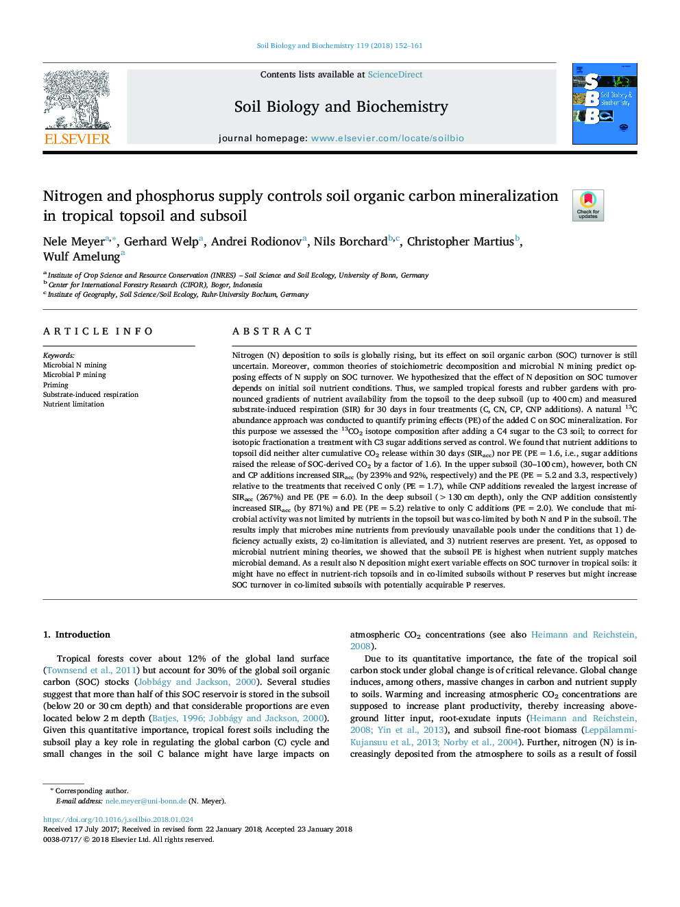 Nitrogen and phosphorus supply controls soil organic carbon mineralization in tropical topsoil and subsoil