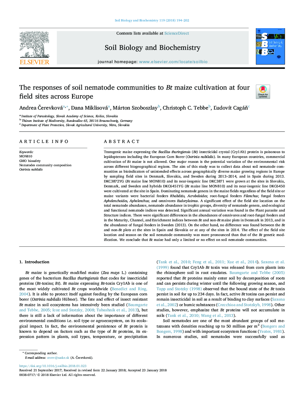 The responses of soil nematode communities to Bt maize cultivation at four field sites across Europe