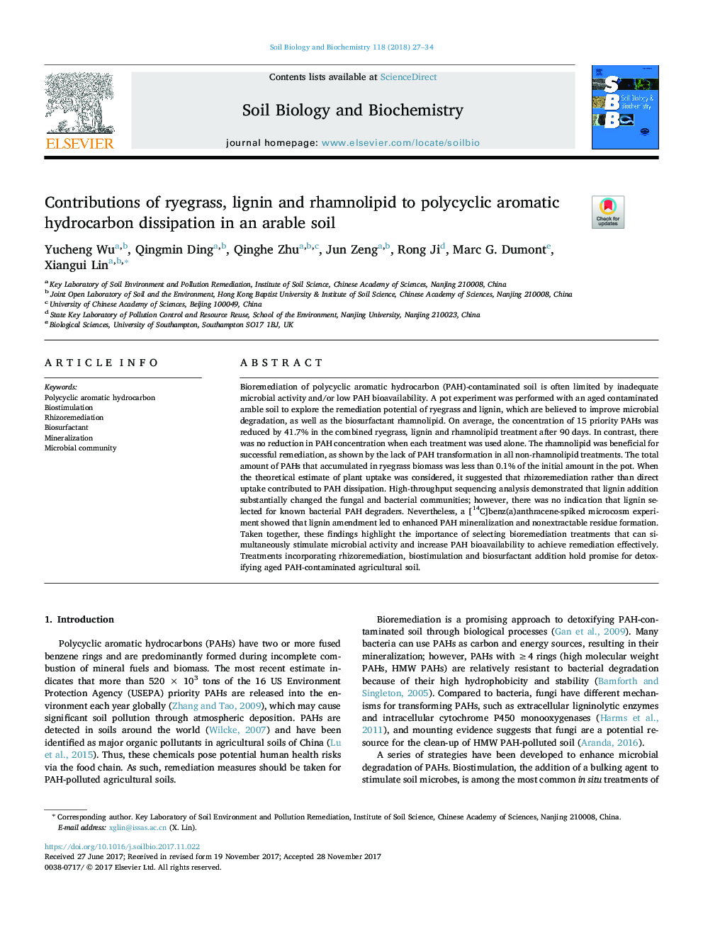 Contributions of ryegrass, lignin and rhamnolipid to polycyclic aromatic hydrocarbon dissipation in an arable soil