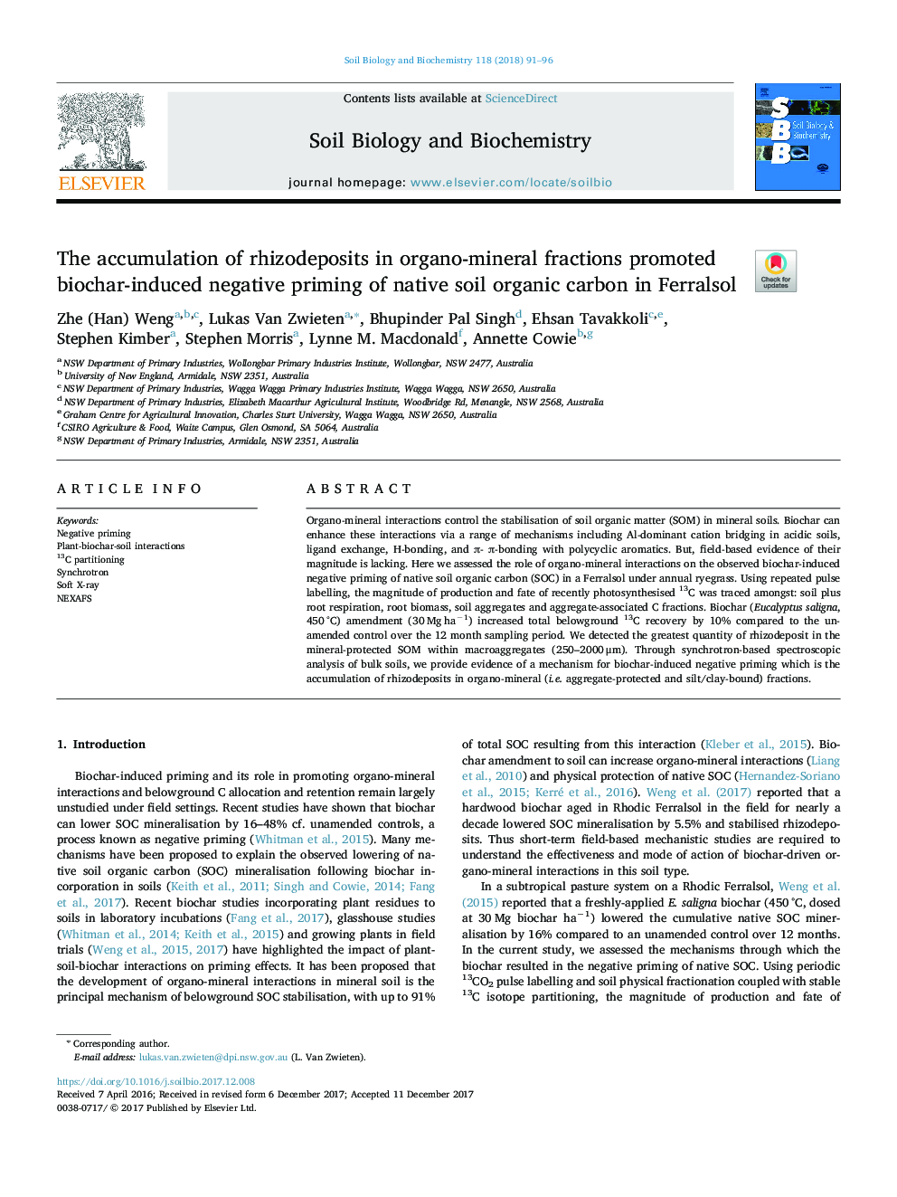 The accumulation of rhizodeposits in organo-mineral fractions promoted biochar-induced negative priming of native soil organic carbon in Ferralsol