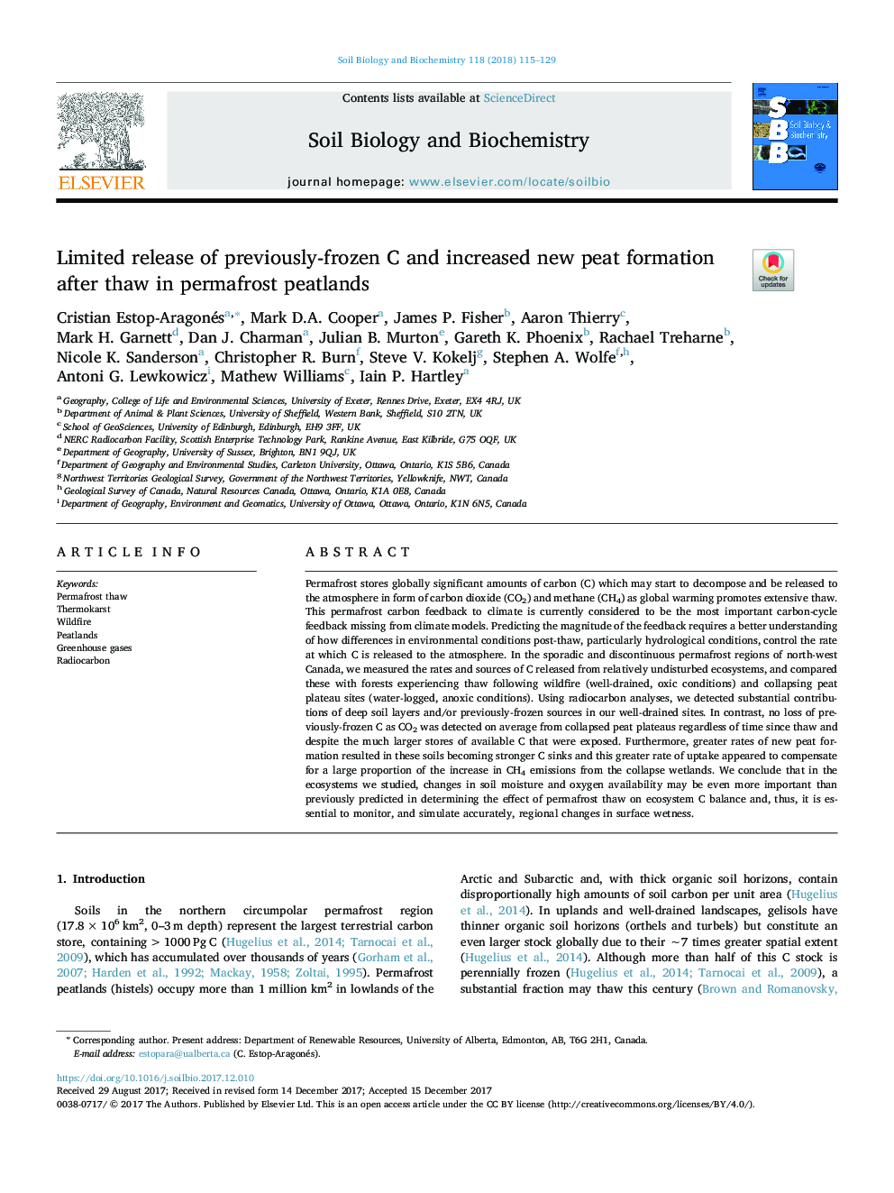 Limited release of previously-frozen C and increased new peat formation after thaw in permafrost peatlands