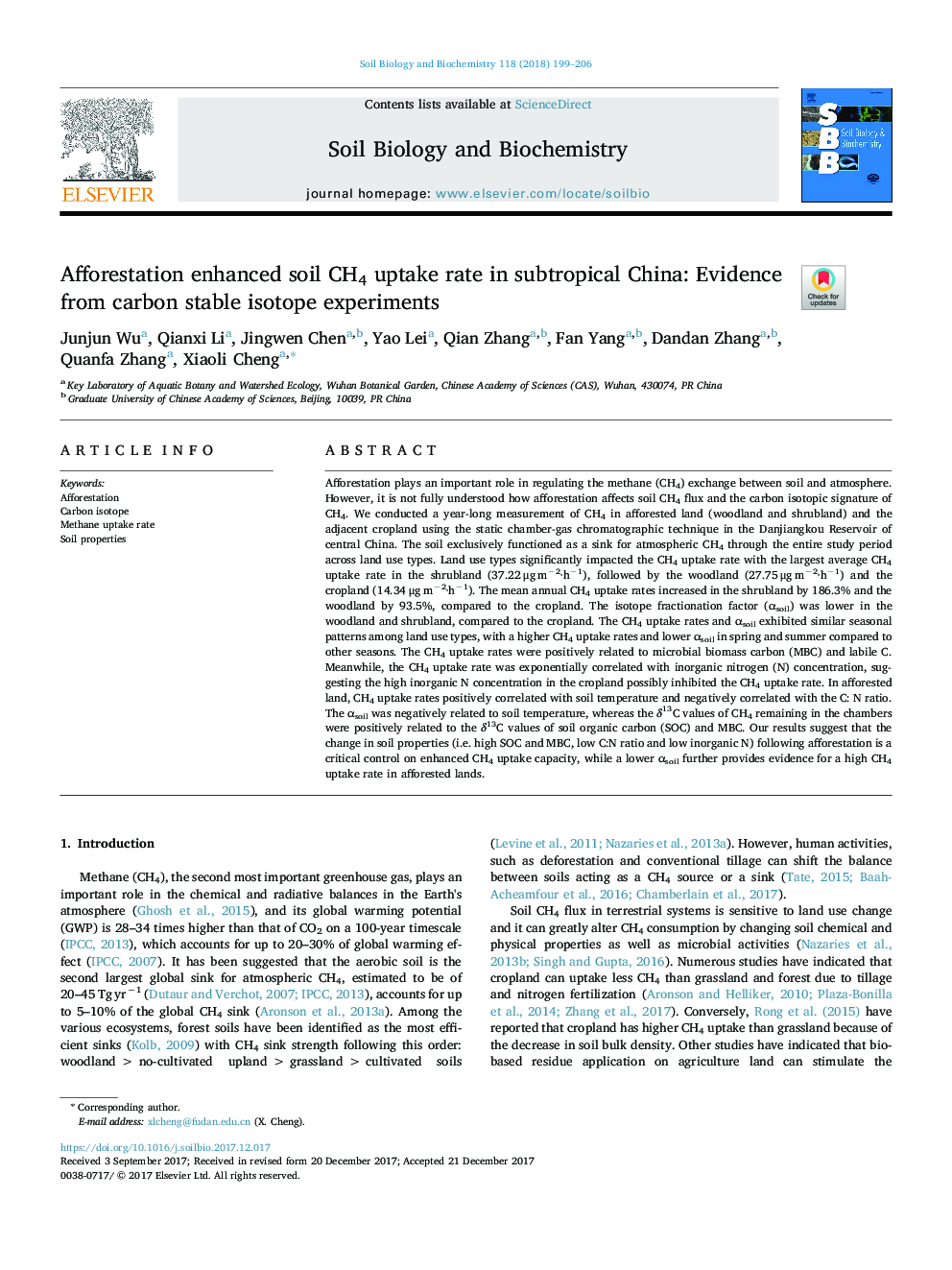 Afforestation enhanced soil CH4 uptake rate in subtropical China: Evidence from carbon stable isotope experiments