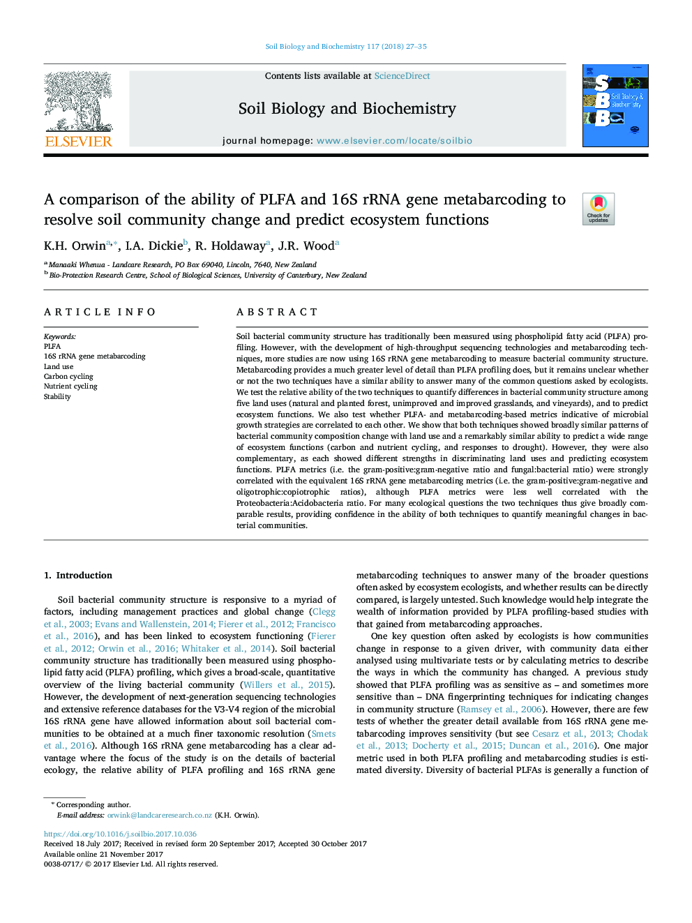 A comparison of the ability of PLFA and 16S rRNA gene metabarcoding to resolve soil community change and predict ecosystem functions