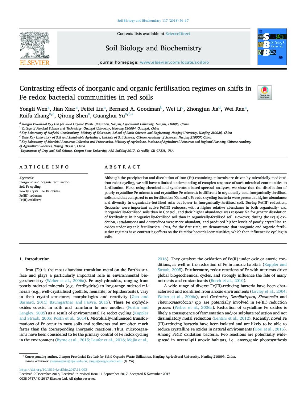 Contrasting effects of inorganic and organic fertilisation regimes on shifts in Fe redox bacterial communities in red soils