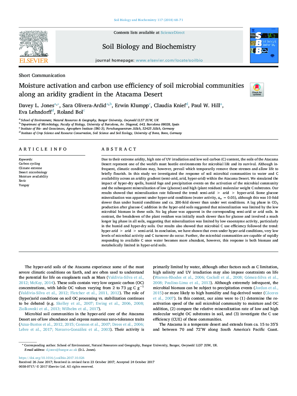 Moisture activation and carbon use efficiency of soil microbial communities along an aridity gradient in the Atacama Desert